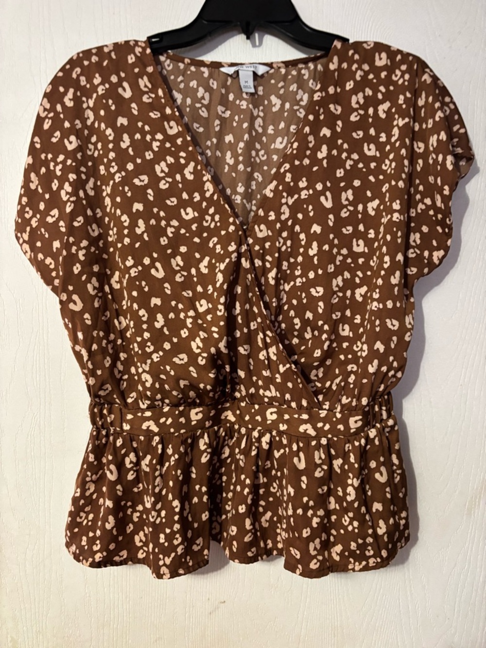 Nine West Brown and Cream Leopard Wrap Peplum Blouse